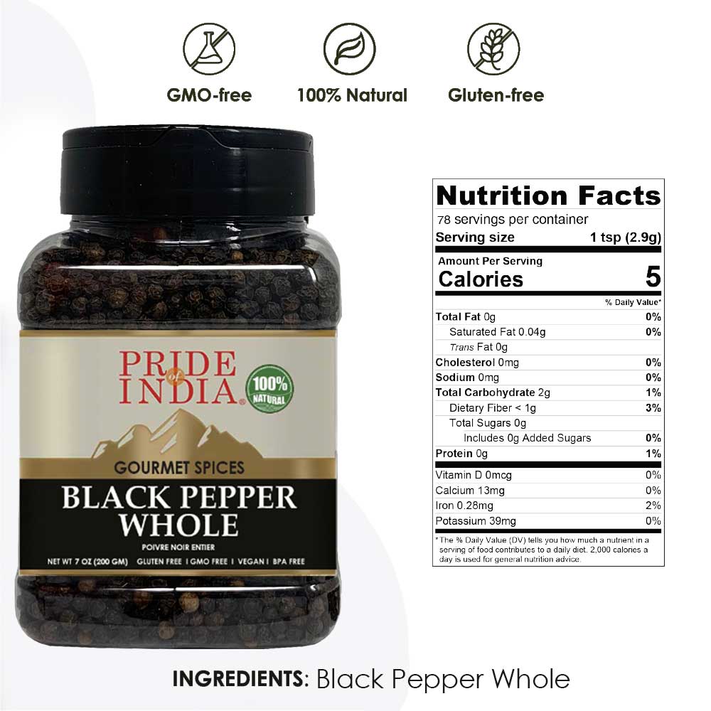 A jar of Black Peppercorn Whole - 8 oz, showcasing whole black peppercorns with a rustic background.