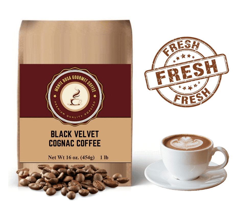 A cup of Black Velvet Cognac Flavored Coffee with a rich, dark color, surrounded by coffee beans and a chocolate piece, showcasing its luxurious flavor.