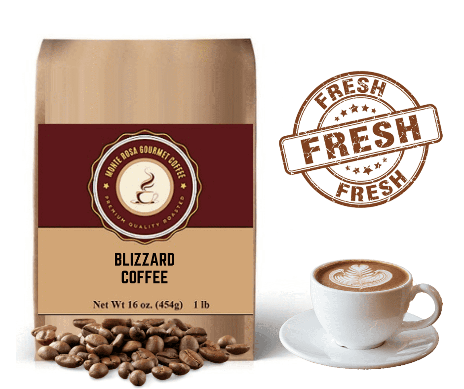 A steaming cup of Blizzard Flavored Coffee with festive decorations, showcasing its rich color and inviting aroma.