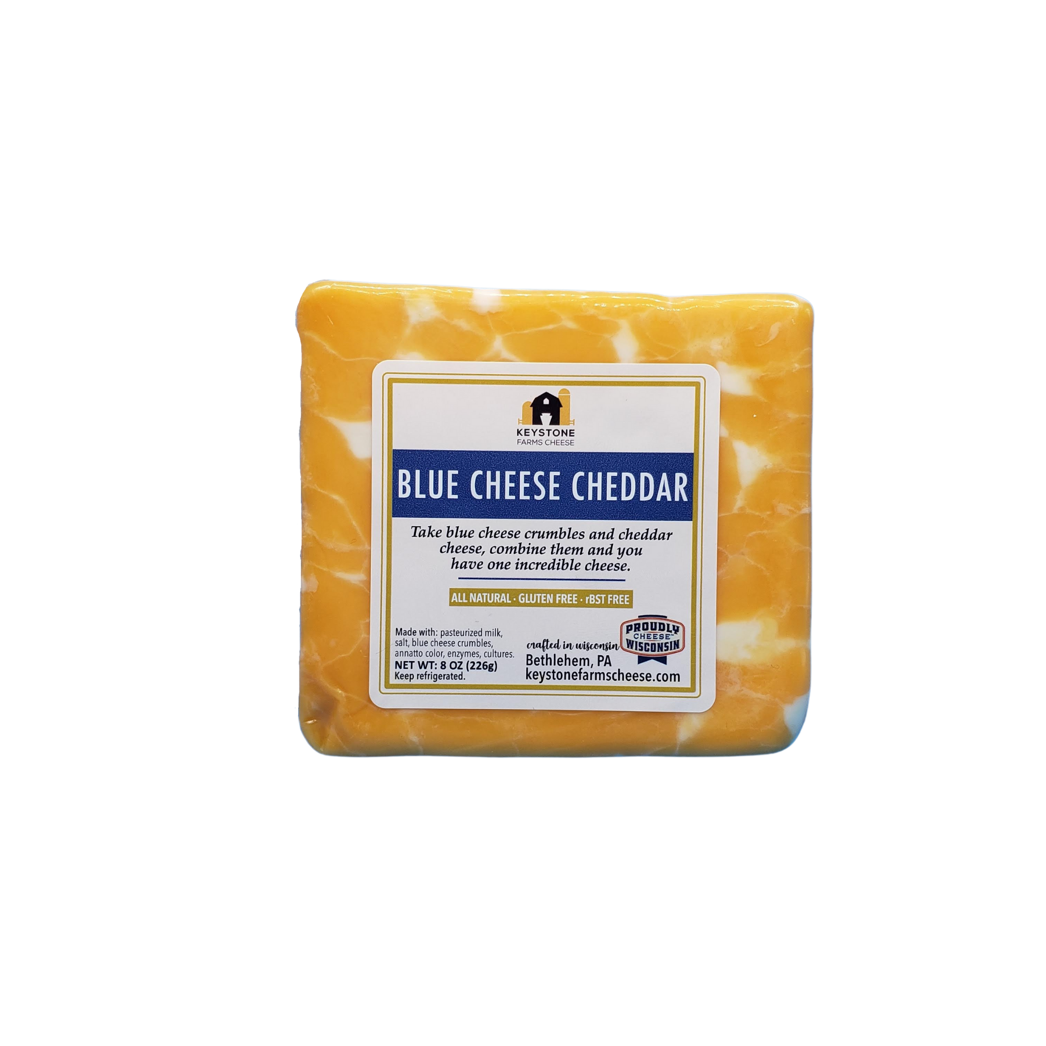 A close-up of Blue Cheese Cheddar cheese, showcasing its marbled texture of blue cheese crumbles and creamy cheddar.