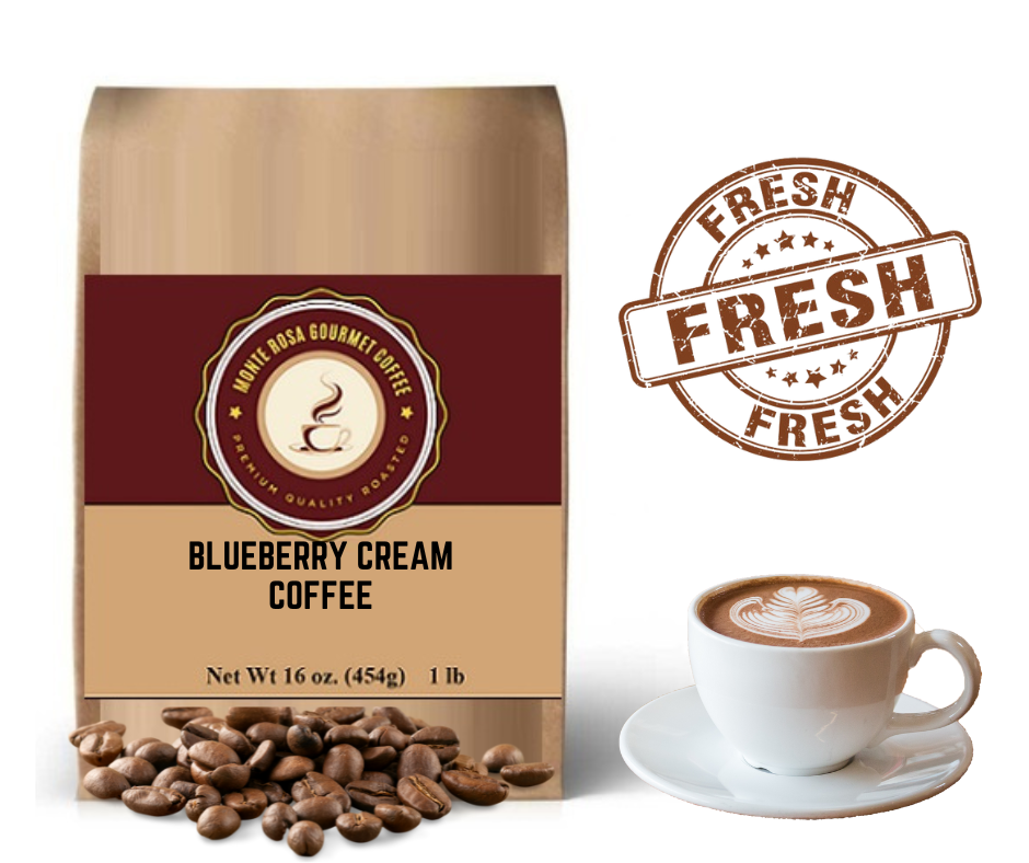 A steaming cup of Blueberry Cream Flavored Coffee with blueberries and cream on the side, showcasing its rich color and inviting aroma.