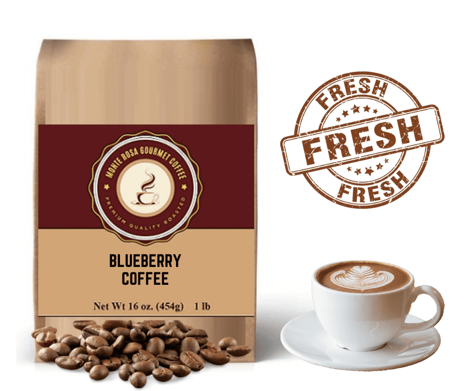 A bag of Monte Rosa Blueberry Flavored Coffee showcasing fresh blueberries and gourmet coffee beans.