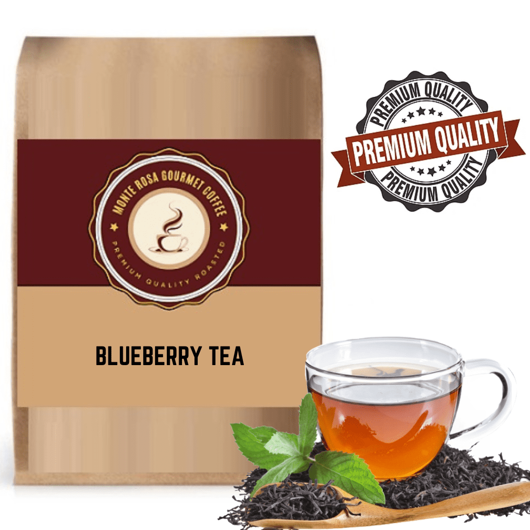 A vibrant cup of blueberry flavored tea with blueberries and calendula petals, showcasing its rich color and inviting aroma.