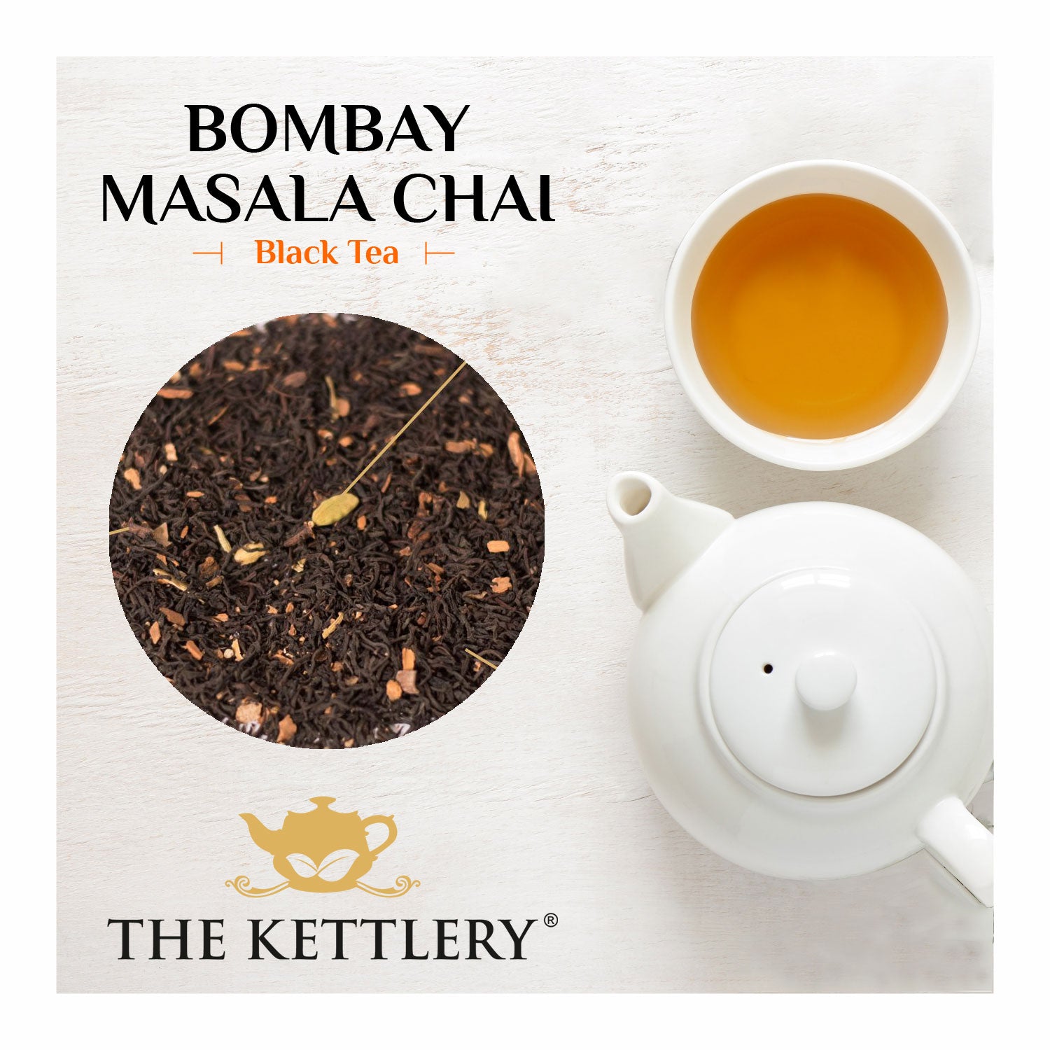 A steaming cup of Bombay Masala Chai Black Tea with spices like cloves, cardamom, and cinnamon surrounding it, showcasing its rich flavor.