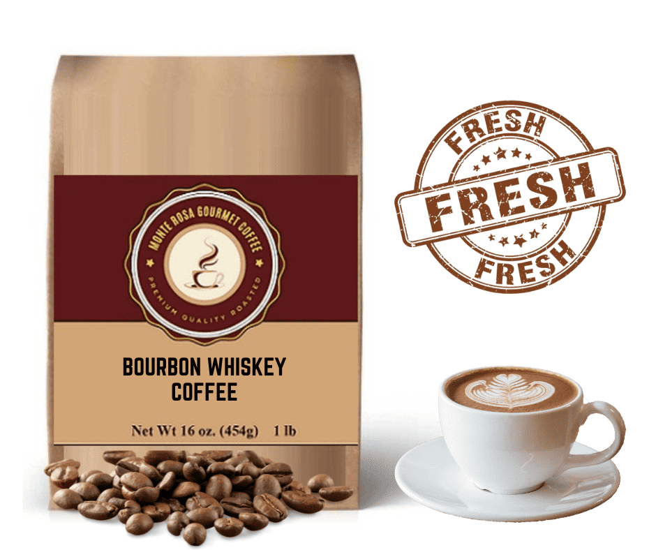 A steaming cup of Bourbon Whiskey Flavored Coffee with rich vanilla and caramel notes, surrounded by coffee beans.