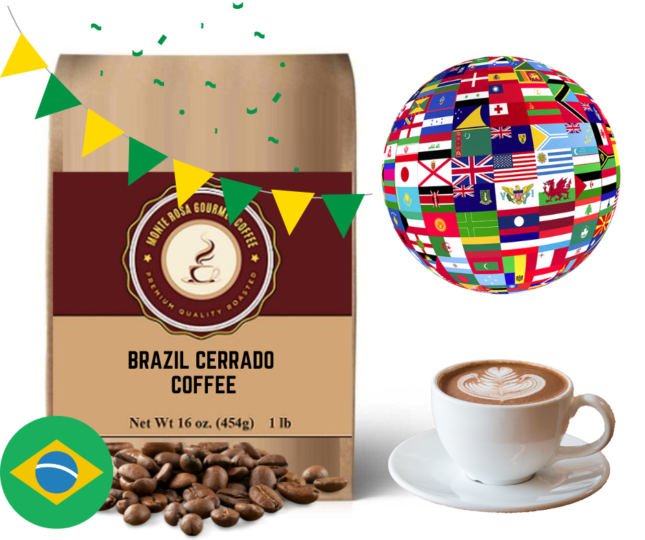 A bag of Brazil Cerrado Coffee showcasing its rich, earthy tones and premium quality, sourced from the Santana Estate.