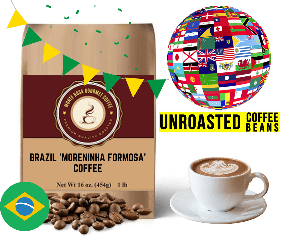 A bag of Brazil Moreninha Formosa green coffee beans, showcasing their natural green color and premium quality.