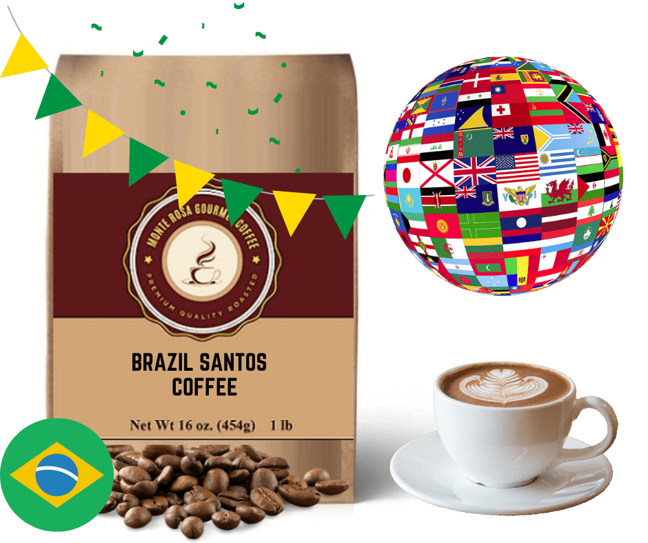 A bag of Brazil Santos Coffee showcasing its rich, aromatic beans, perfect for brewing a delightful cup.