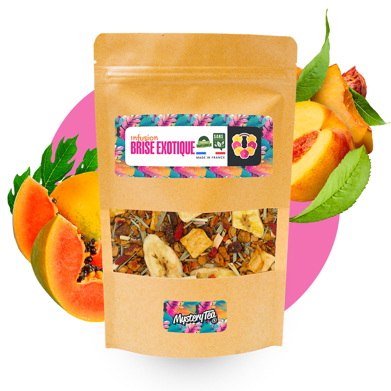 Sachet d'infusion Brise Exotique avec des fruits exotiques, évoquant une expérience de thé relaxante et tropicale.