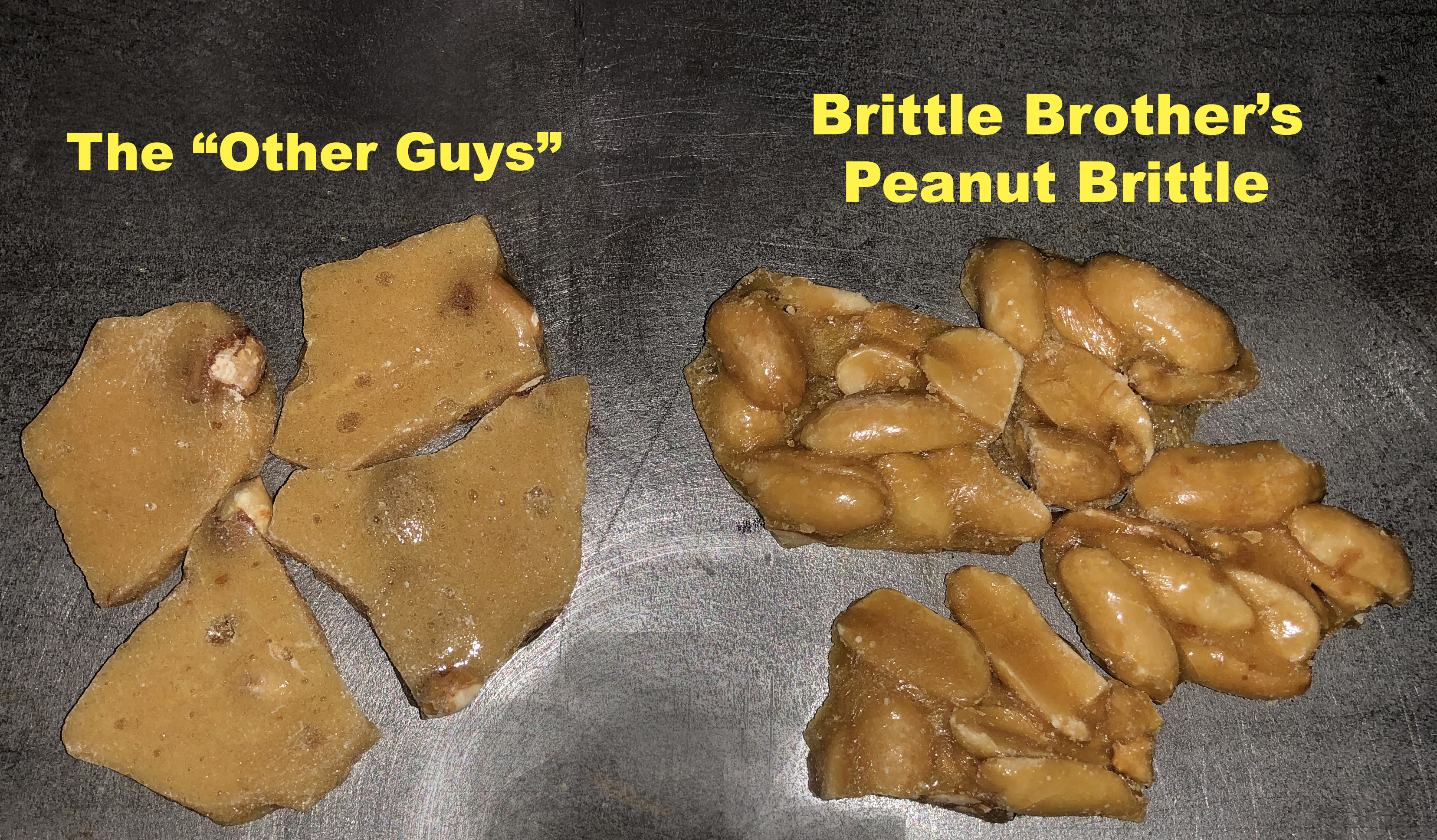 A 5 oz. bag of Brittle Brothers Gourmet Peanut Brittle featuring jumbo Virginia peanuts coated in buttery brittle.