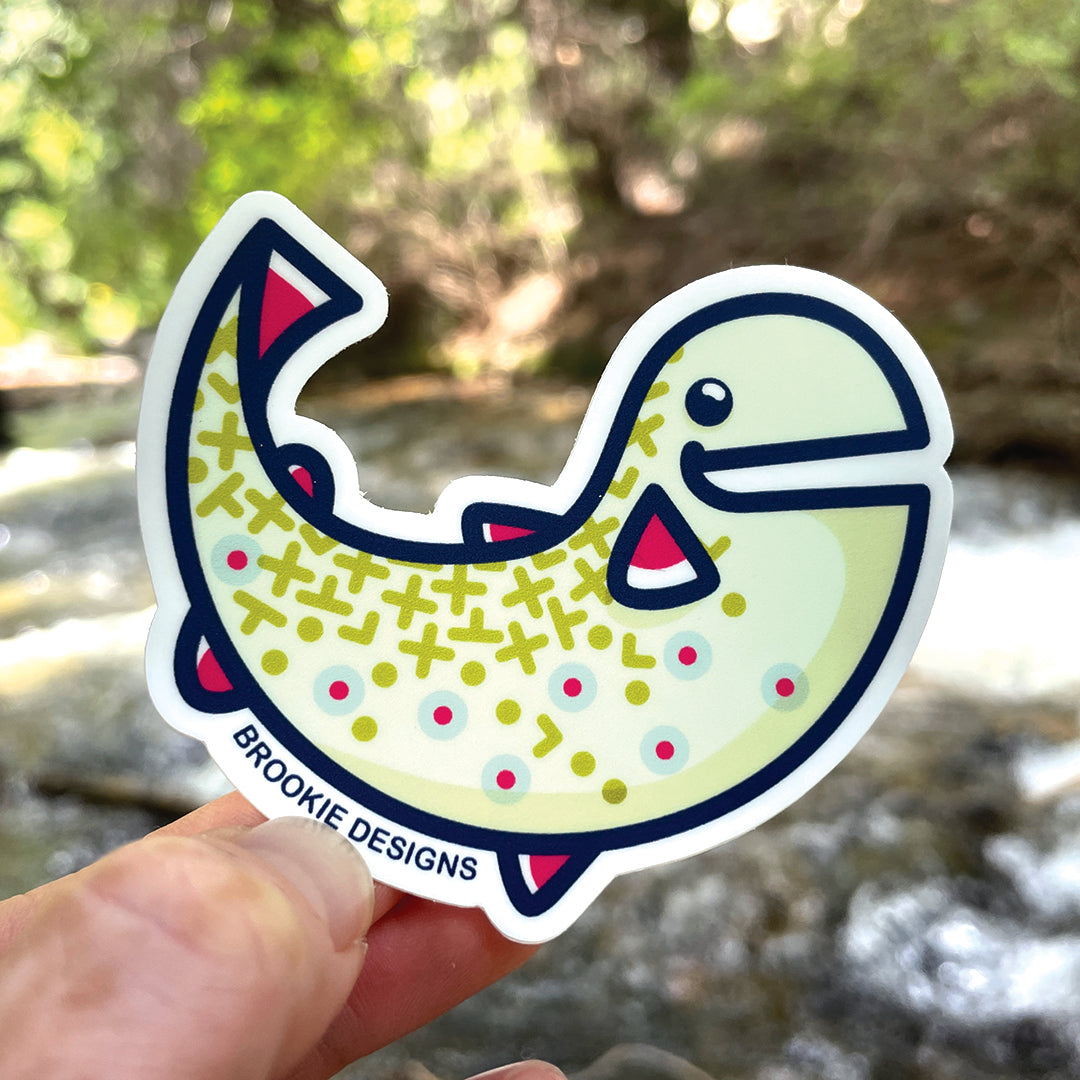 Colorful Brook Trout sticker designed by Tania McCormack, featuring vibrant colors and playful patterns, perfect for outdoor gear.