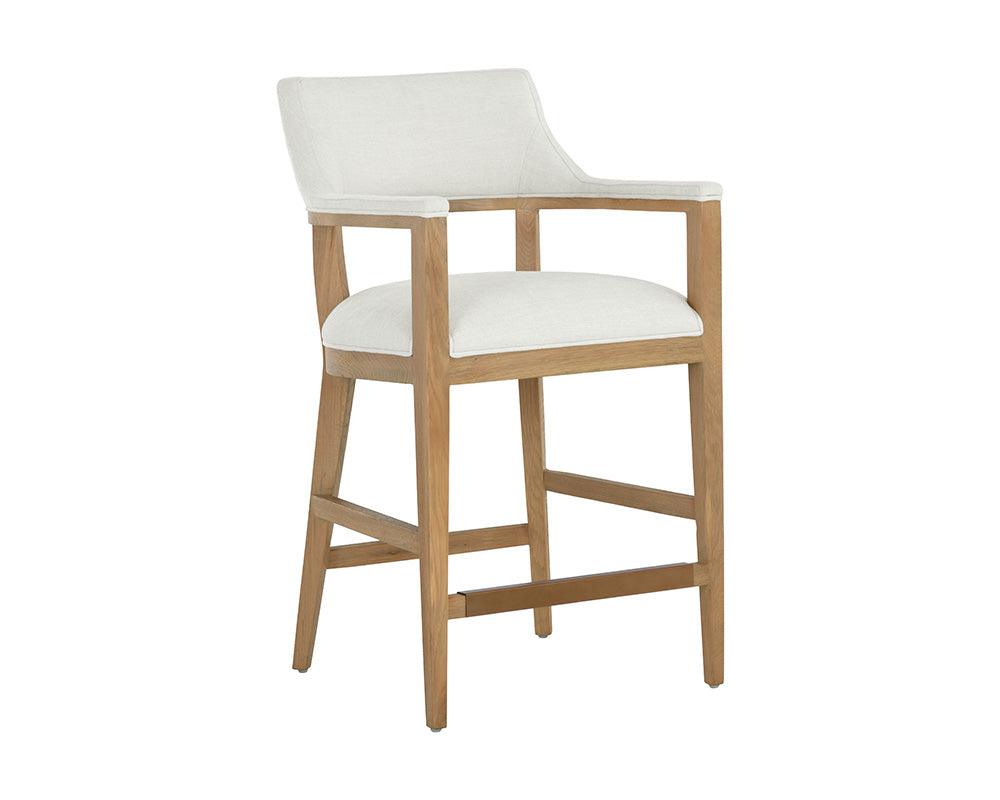 Brylea Counter Stool featuring natural wood finish and Heather Ivory Tweed upholstery, ideal for kitchen or bar settings.