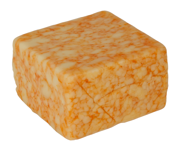 Buffalo Cheddar cheese block infused with buffalo wing sauce, showcasing its creamy texture and vibrant color.