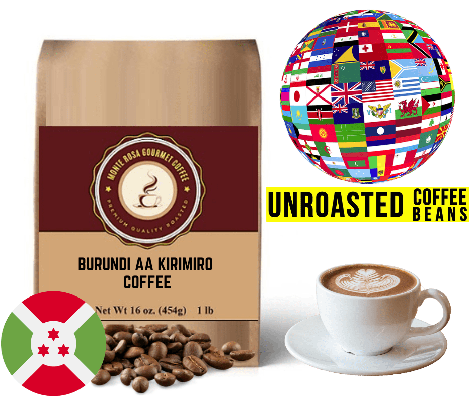 A bag of Burundi AA Kirimiro Green Coffee showcasing its vibrant packaging and premium quality beans.