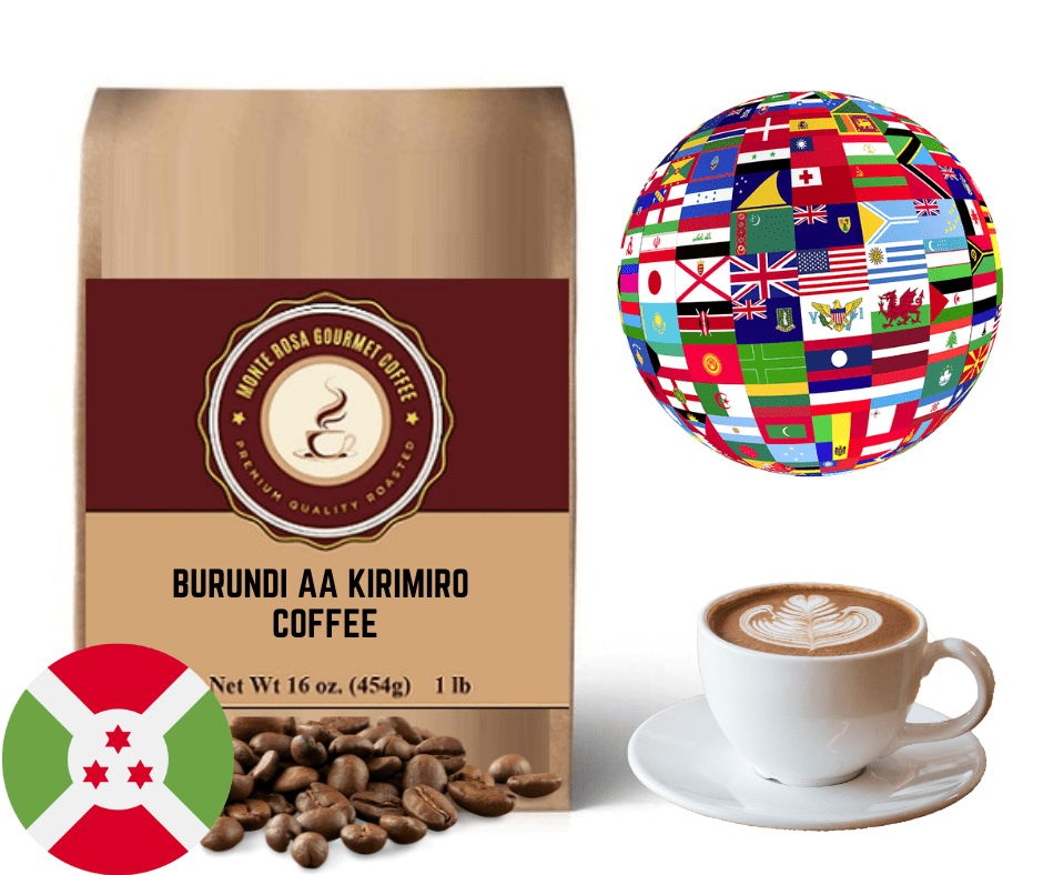 A bag of Burundi AA Kirimiro Coffee showcasing its rich, aromatic beans with a scenic backdrop of Burundi's hills.