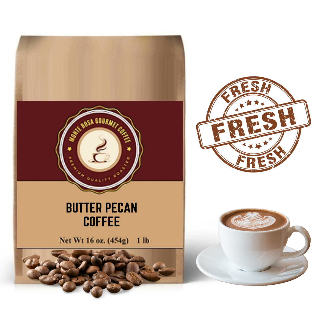 A bag of Butter Pecan Flavored Coffee showcasing its rich, nutty essence and Southern charm.