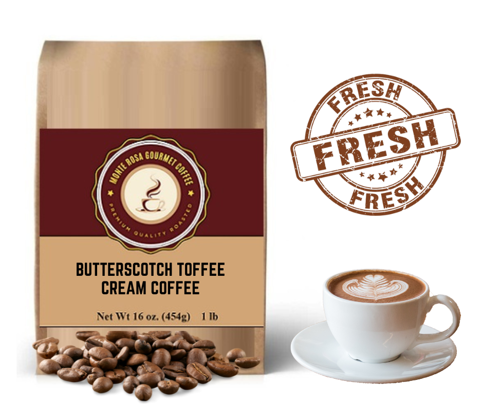 A bag of Butterscotch Toffee Cream Flavored Coffee showcasing its rich, creamy blend with hints of butterscotch and toffee.