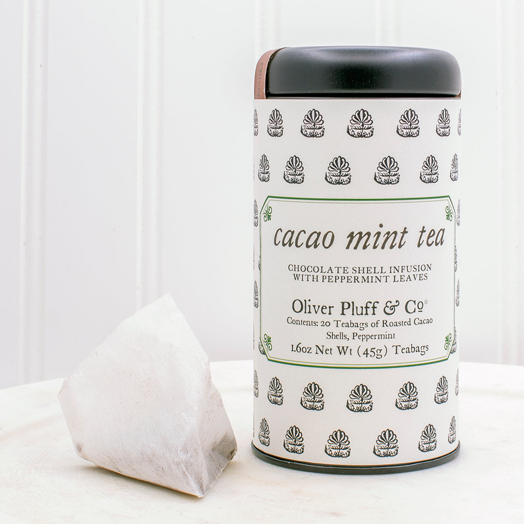 A tin of Martha Washington's Cacao Mint Teabags featuring 20 teabags with roasted cacao shells and peppermint leaves.