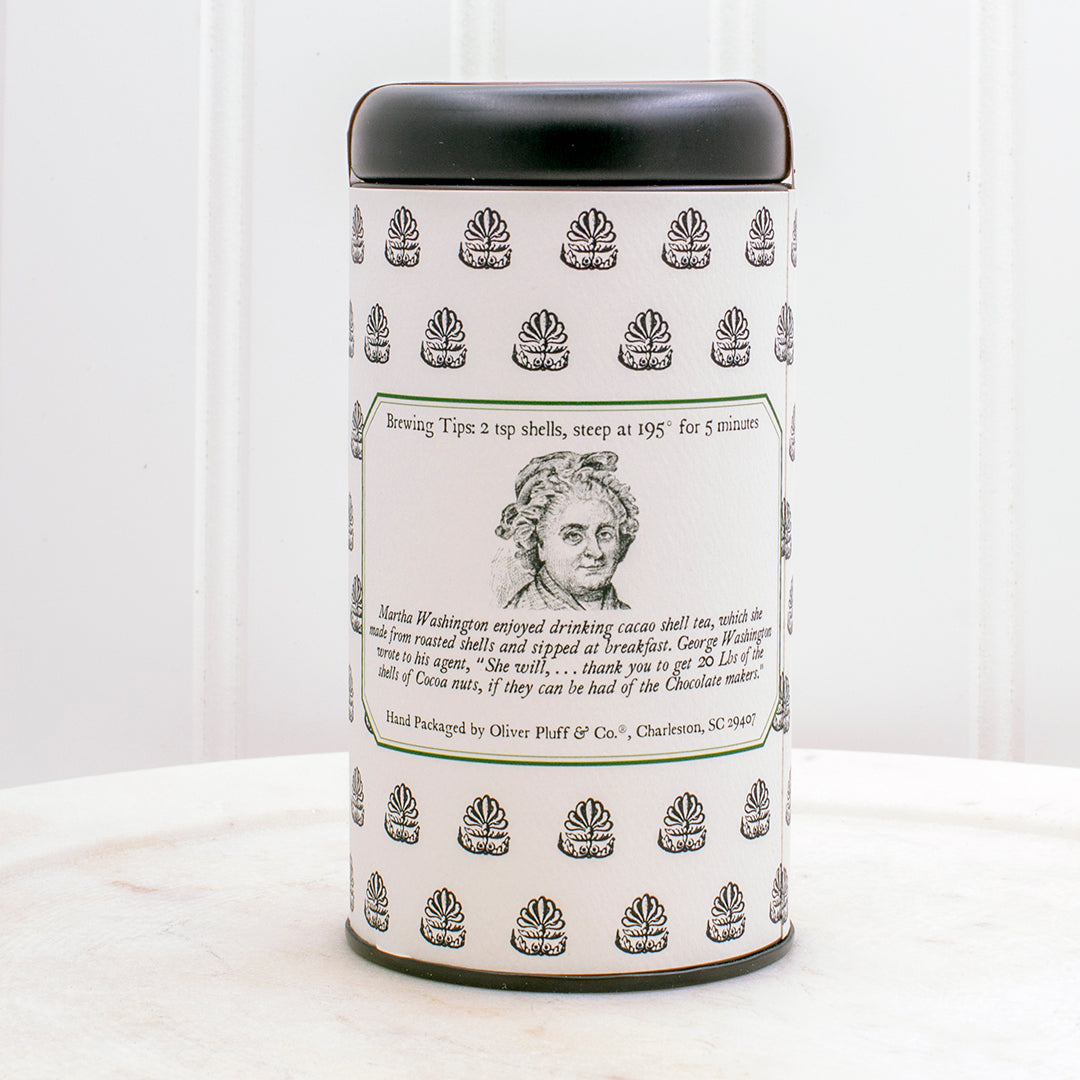 A tin of Martha Washington's Cacao Mint Teabags featuring 20 teabags with roasted cacao shells and peppermint leaves.