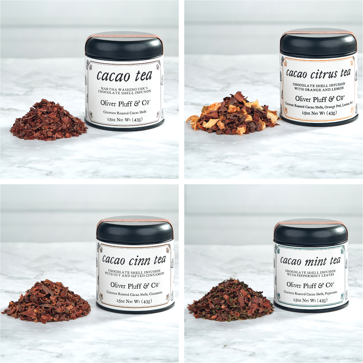 Cacao Shell Quartet featuring four tins of cacao shell tea blends: Cacao Mint, Cacao Citrus, Cacao Cinnamon, and Cacao Shell Tea.