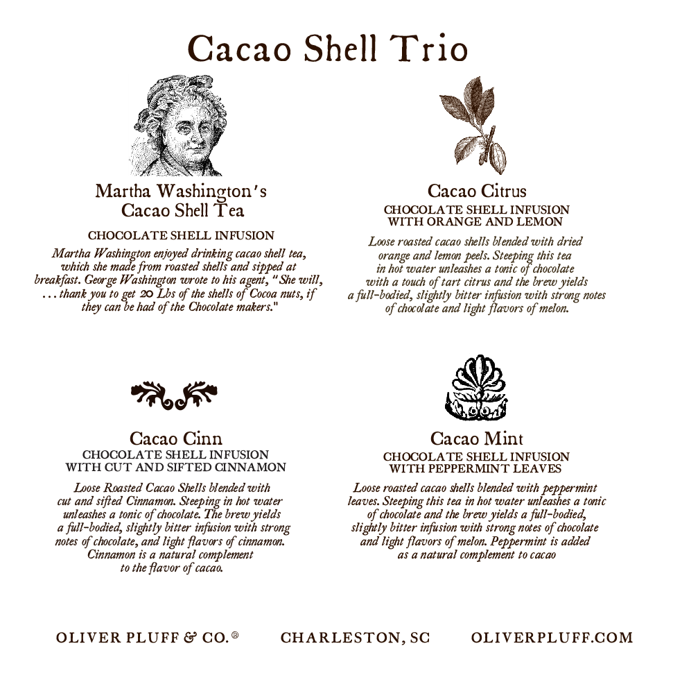 Cacao Shell Quartet featuring four tins of cacao shell tea blends: Cacao Mint, Cacao Citrus, Cacao Cinnamon, and Cacao Shell Tea.