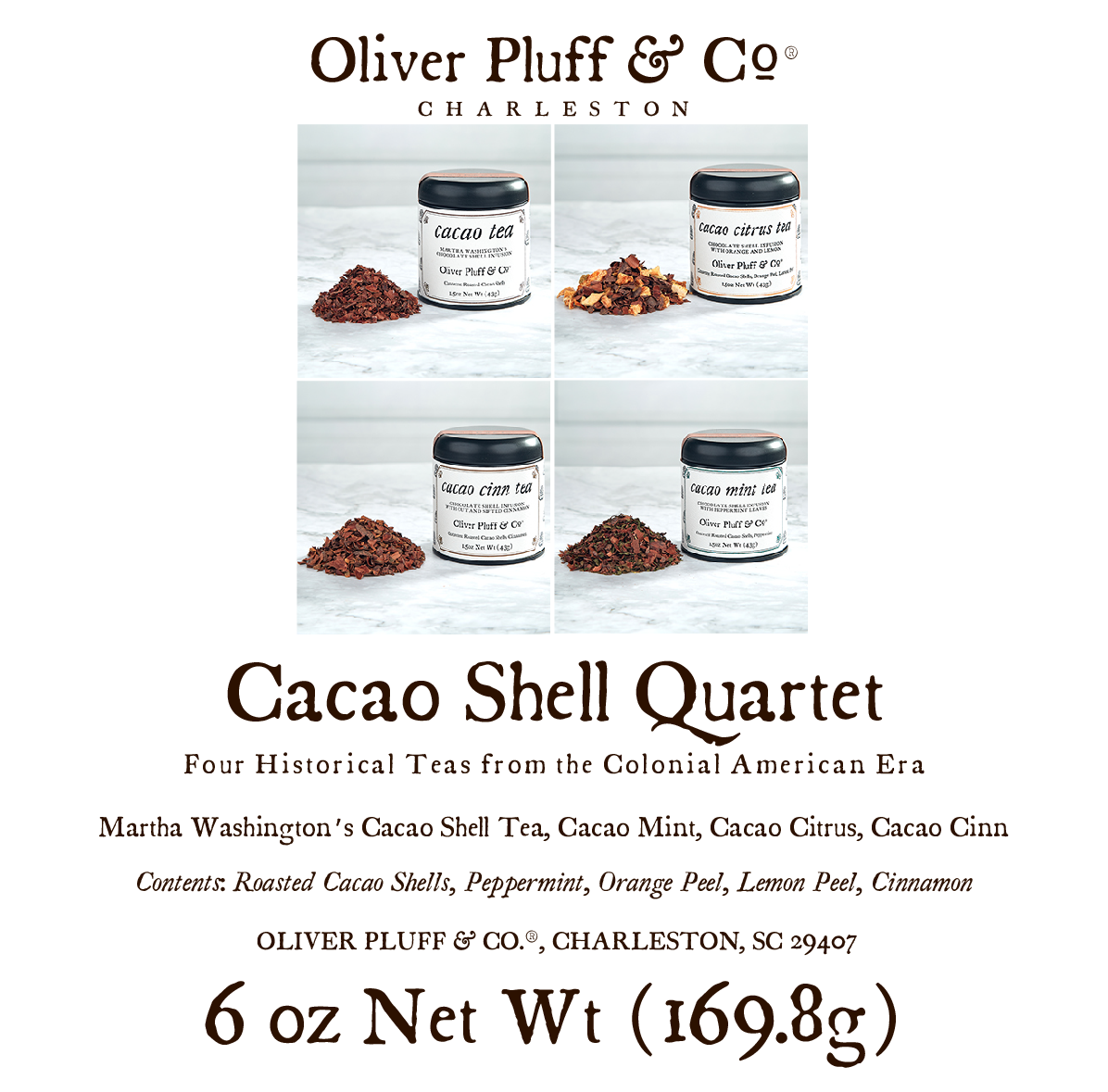 Cacao Shell Quartet featuring four tins of cacao shell tea blends: Cacao Mint, Cacao Citrus, Cacao Cinnamon, and Cacao Shell Tea.