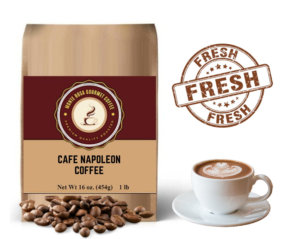 A bag of Café Napoleon Flavored Coffee showcasing its rich blend of Mexican liqueur, French caramel, and European hazelnut.