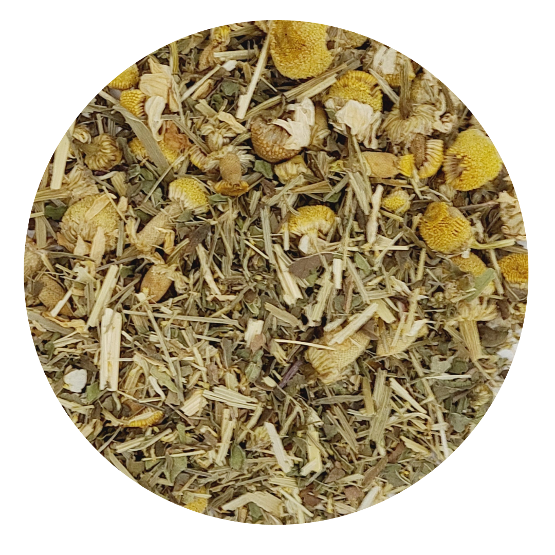 A calming herbal tea blend featuring chamomile, spearmint, and oat straw in a beautiful packaging, perfect for relaxation.