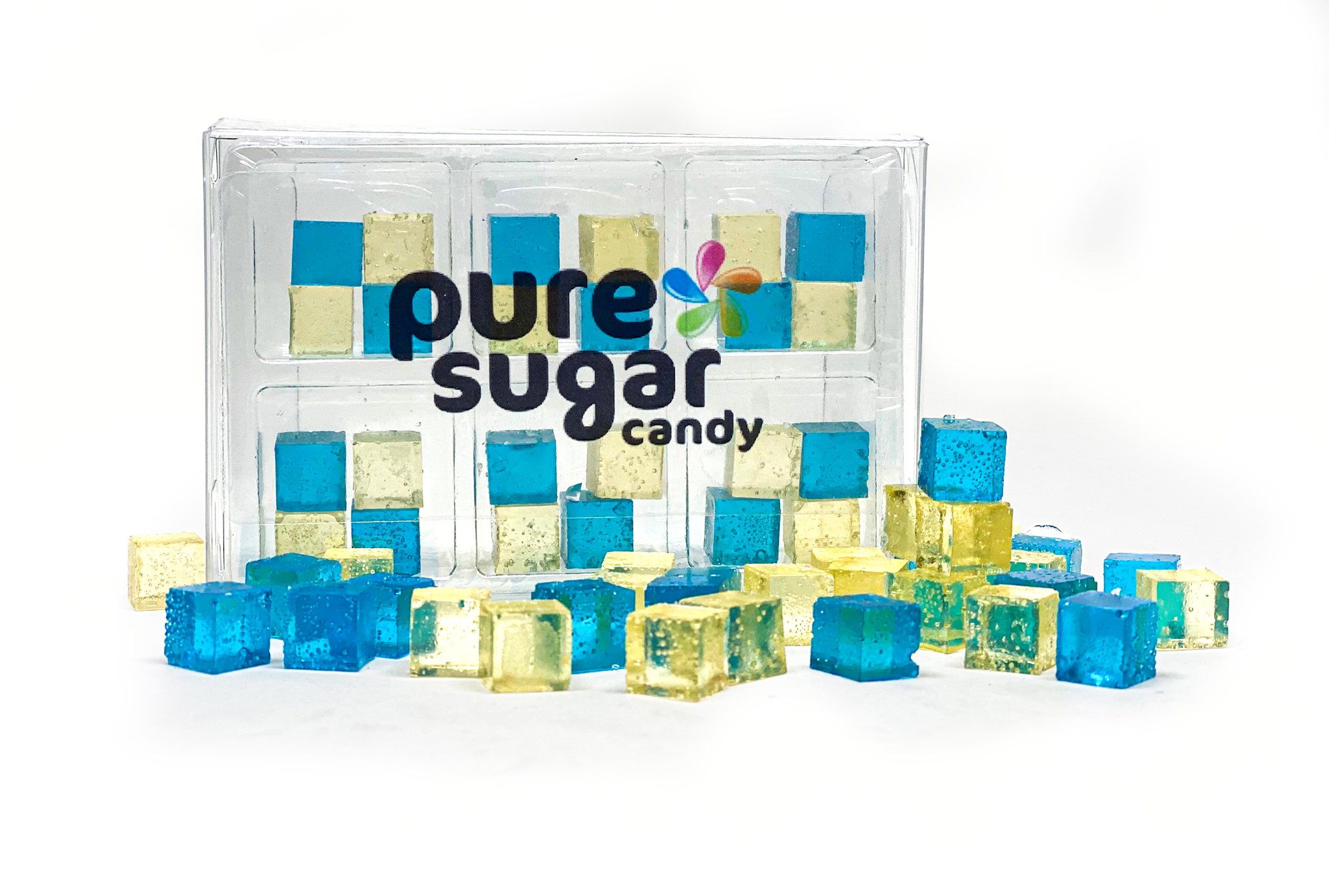 A tray of Candy Cubes in Blueberry Pie flavor, showcasing vibrant blue cubes with a sweet aroma.