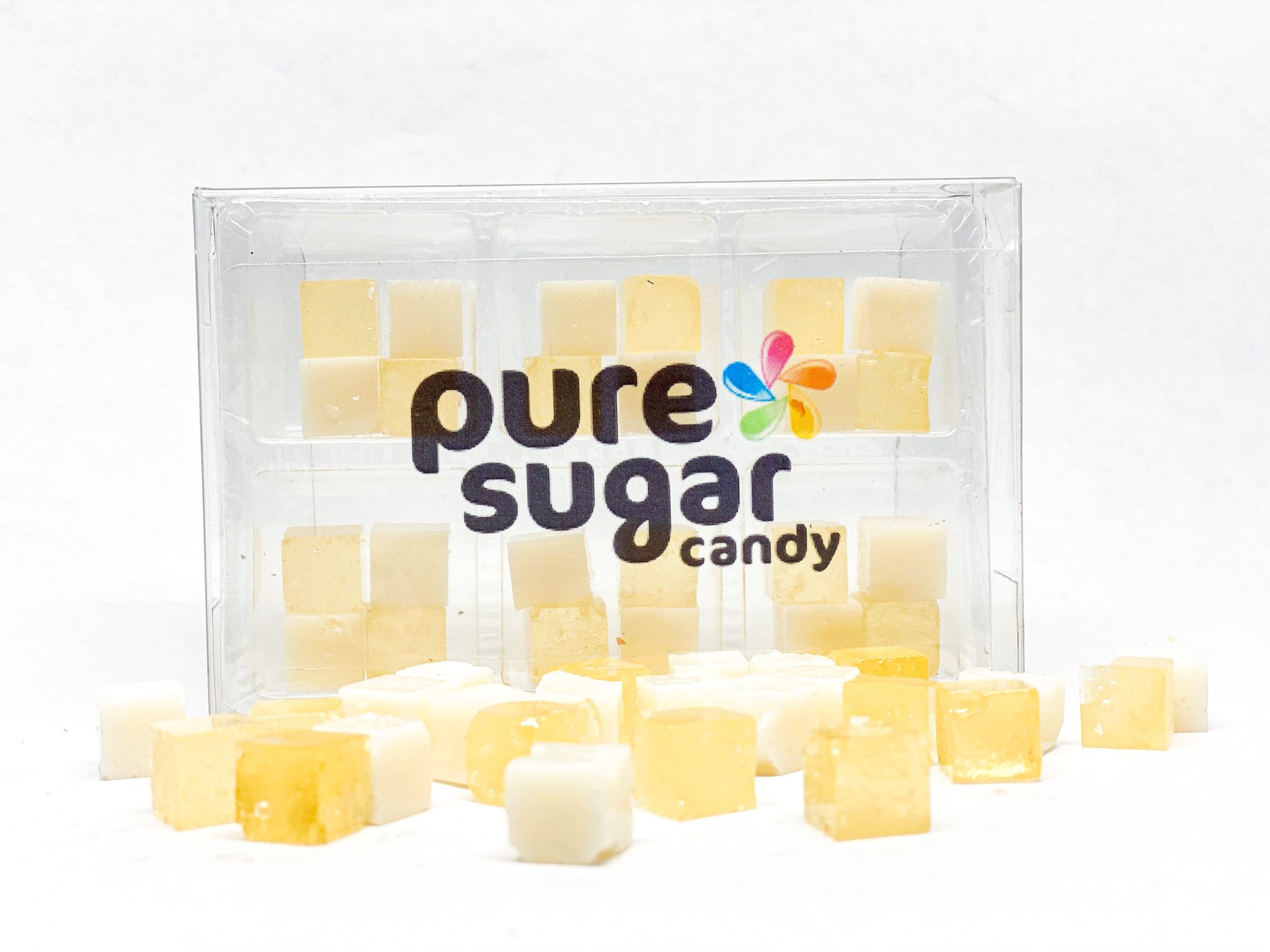 A tray of Bourbon & Vanilla Candy Cubes, showcasing their vibrant colors and enticing texture.