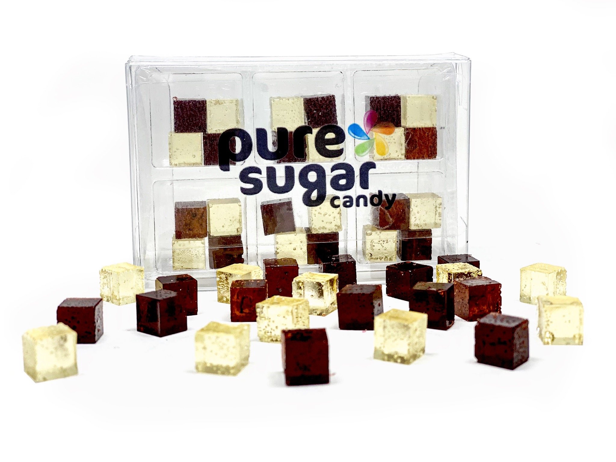 A tray of Candy Cubes featuring rich chocolate cake flavor, showcasing colorful cubes in a neat arrangement.