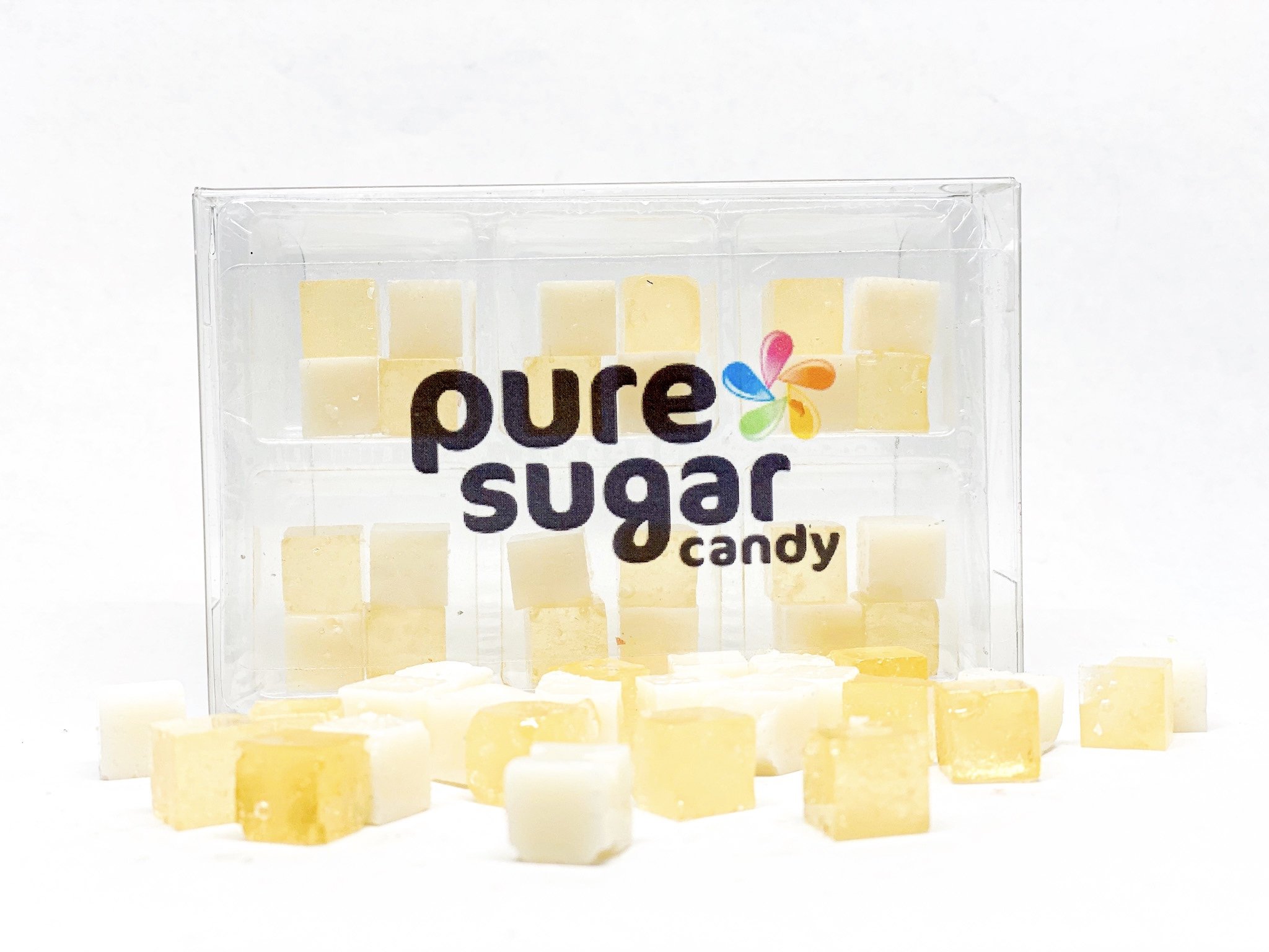 A tray of Candy Cubes - Coconut Cream Pie featuring 24 colorful cubes with a tropical coconut flavor.