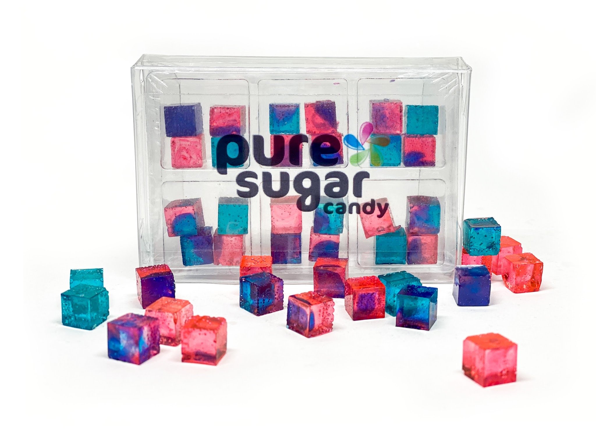 A colorful tray of Cotton Candy Candy Cubes, showcasing vibrant pastel colors and bite-sized cubes, perfect for a sweet treat.