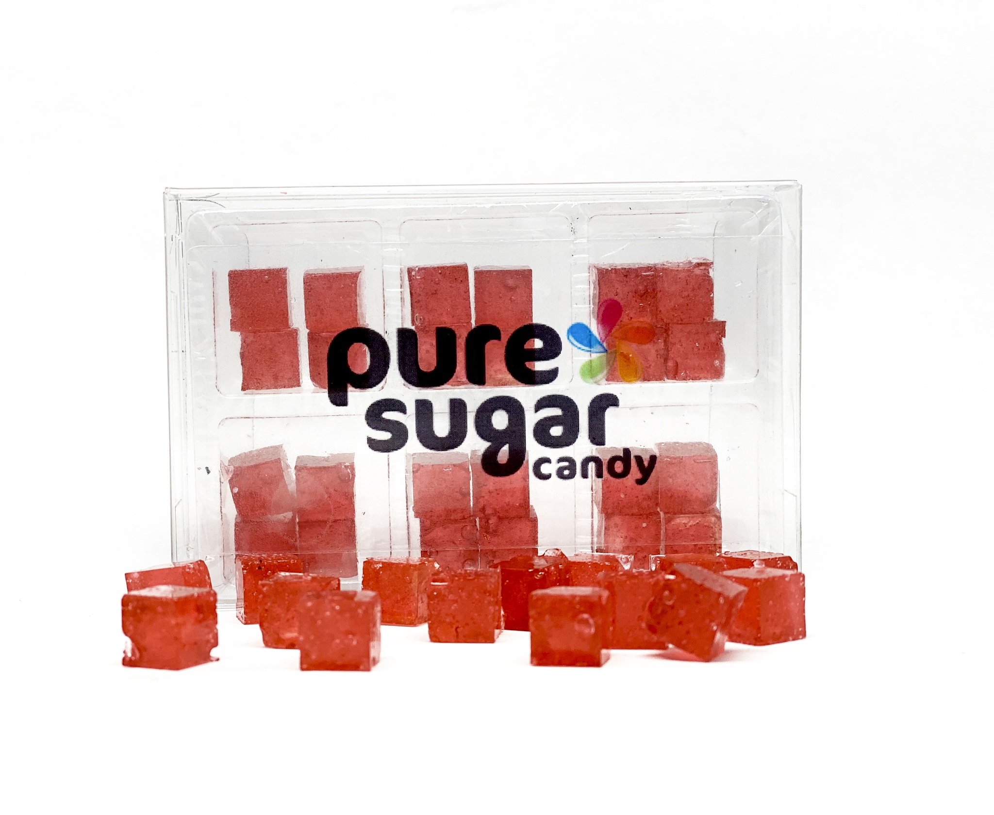 A vibrant tray of Candy Cubes in cranberry flavor, showcasing their colorful and enticing appearance.