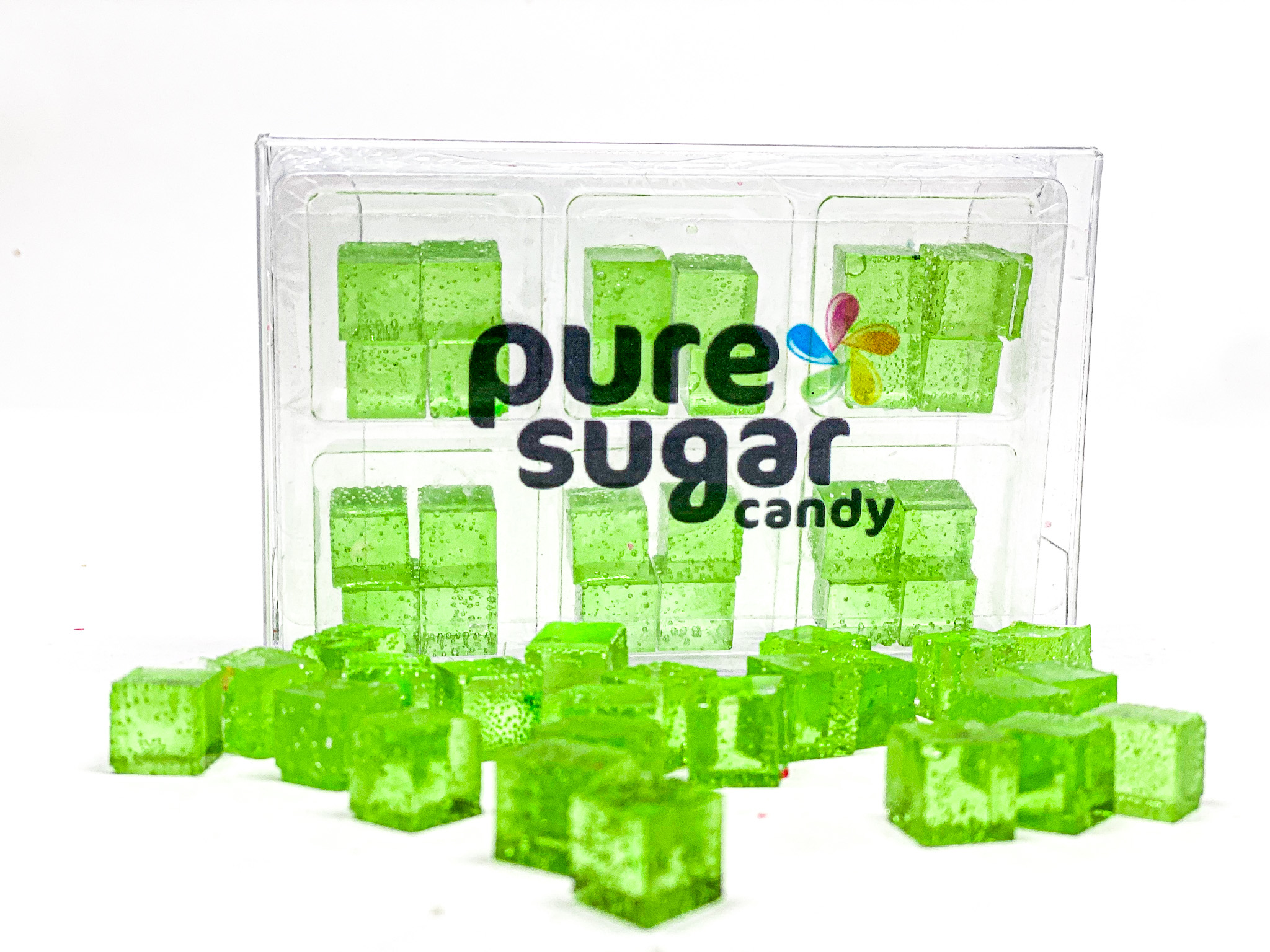 A tray of Candy Cubes - Spearmint featuring vibrant green cubes with a refreshing mint flavor.