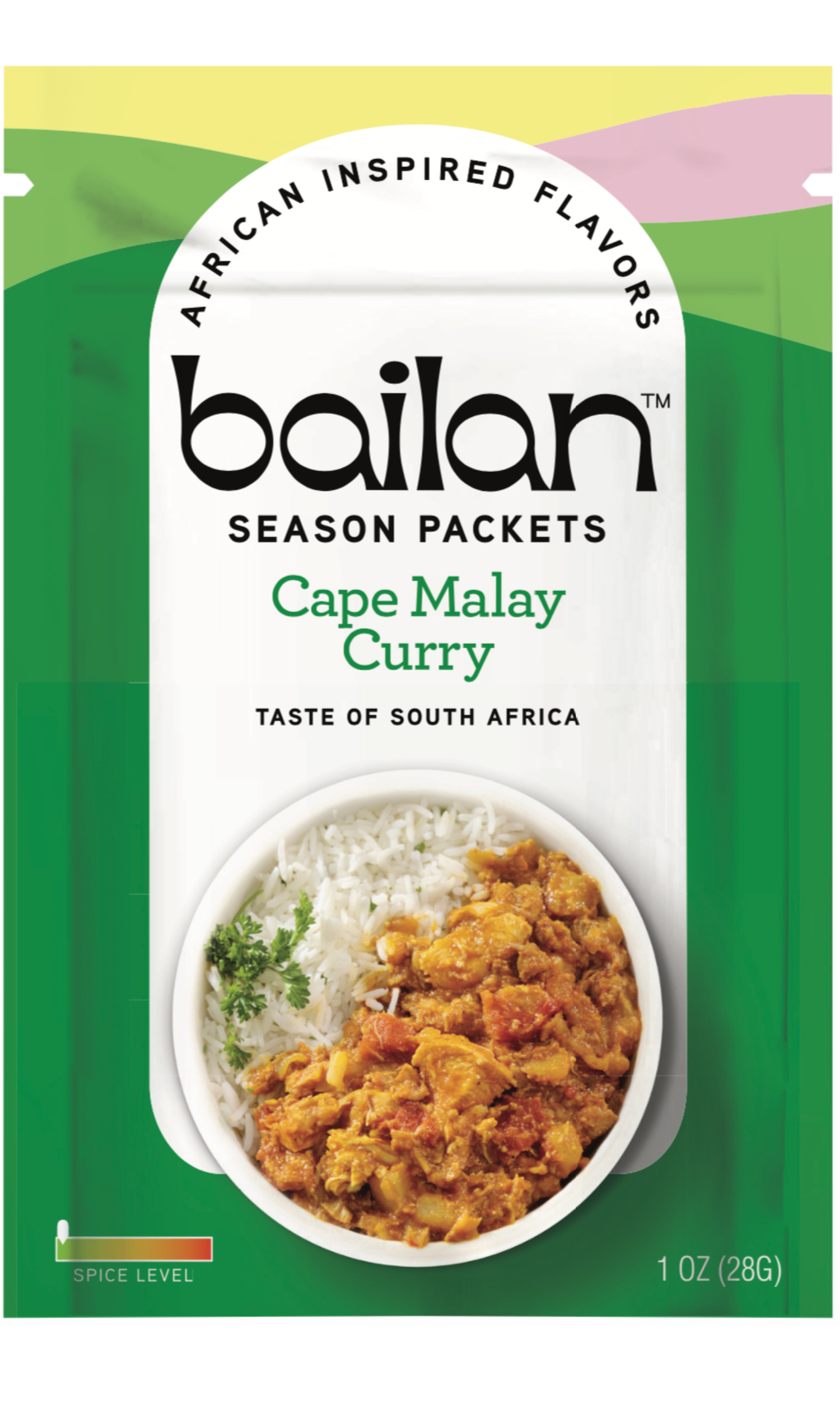 A vibrant pack of Cape Malay Curry spice blend, showcasing its rich colors and natural ingredients, perfect for enhancing various dishes.