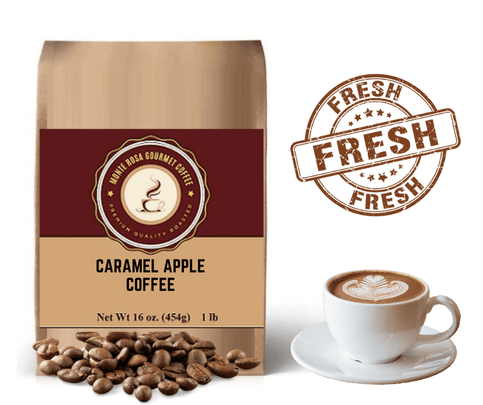 A bag of Caramel Apple Flavored Coffee featuring vibrant packaging, showcasing the blend of caramel and apple flavors.