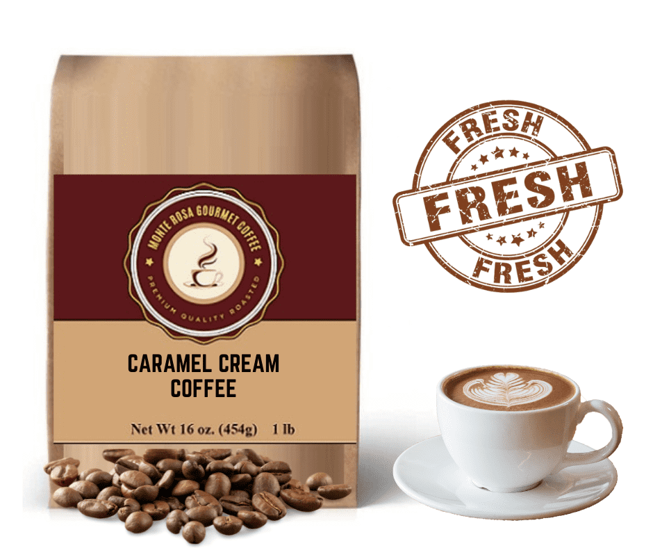 A bag of Monte Rosa Gourmet Caramel Cream Flavored Coffee, showcasing its rich caramel and cream flavor profile.