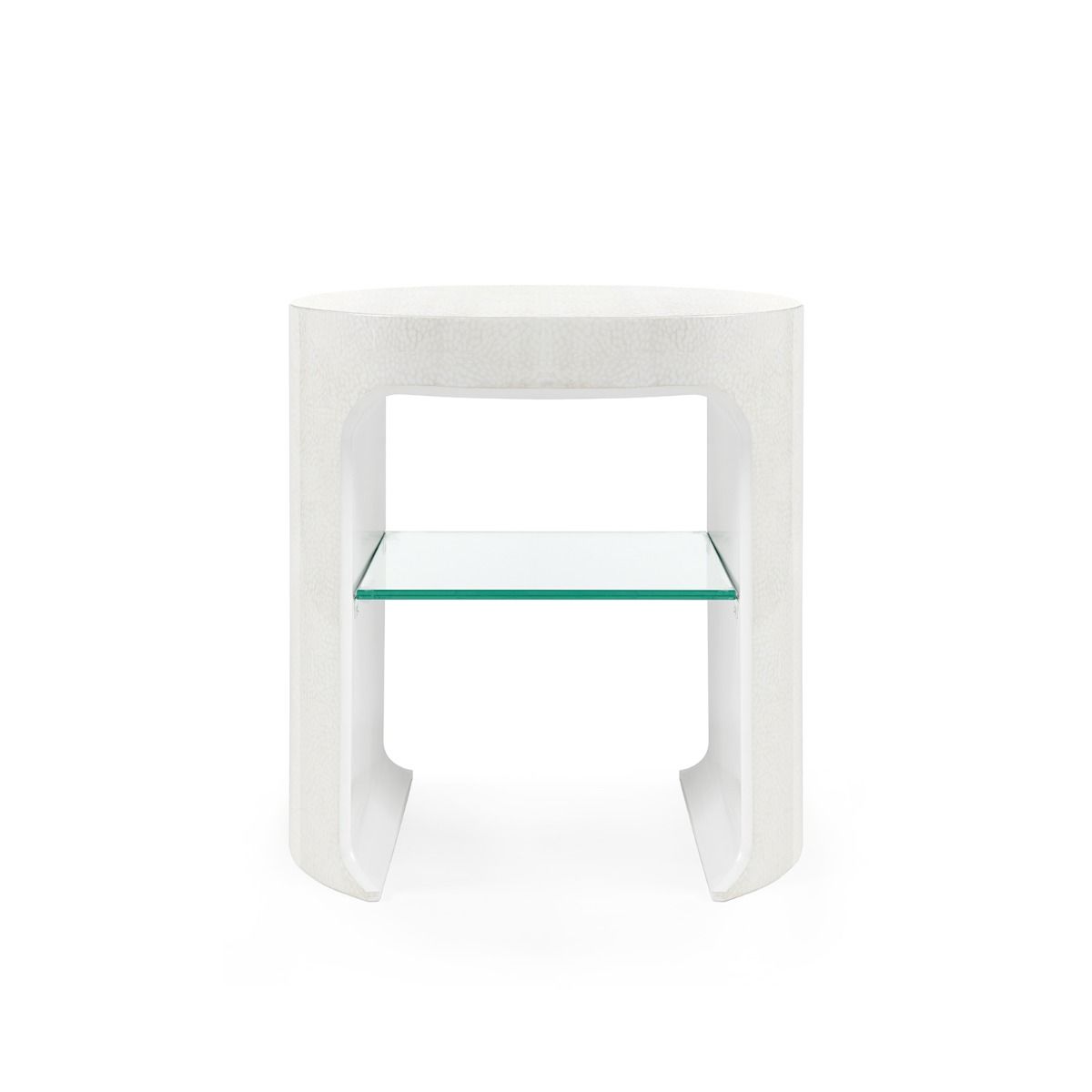 Elegant Carrel Side Table in White with eggshell lacquer finish and glass shelf, showcasing a unique chow leg design.