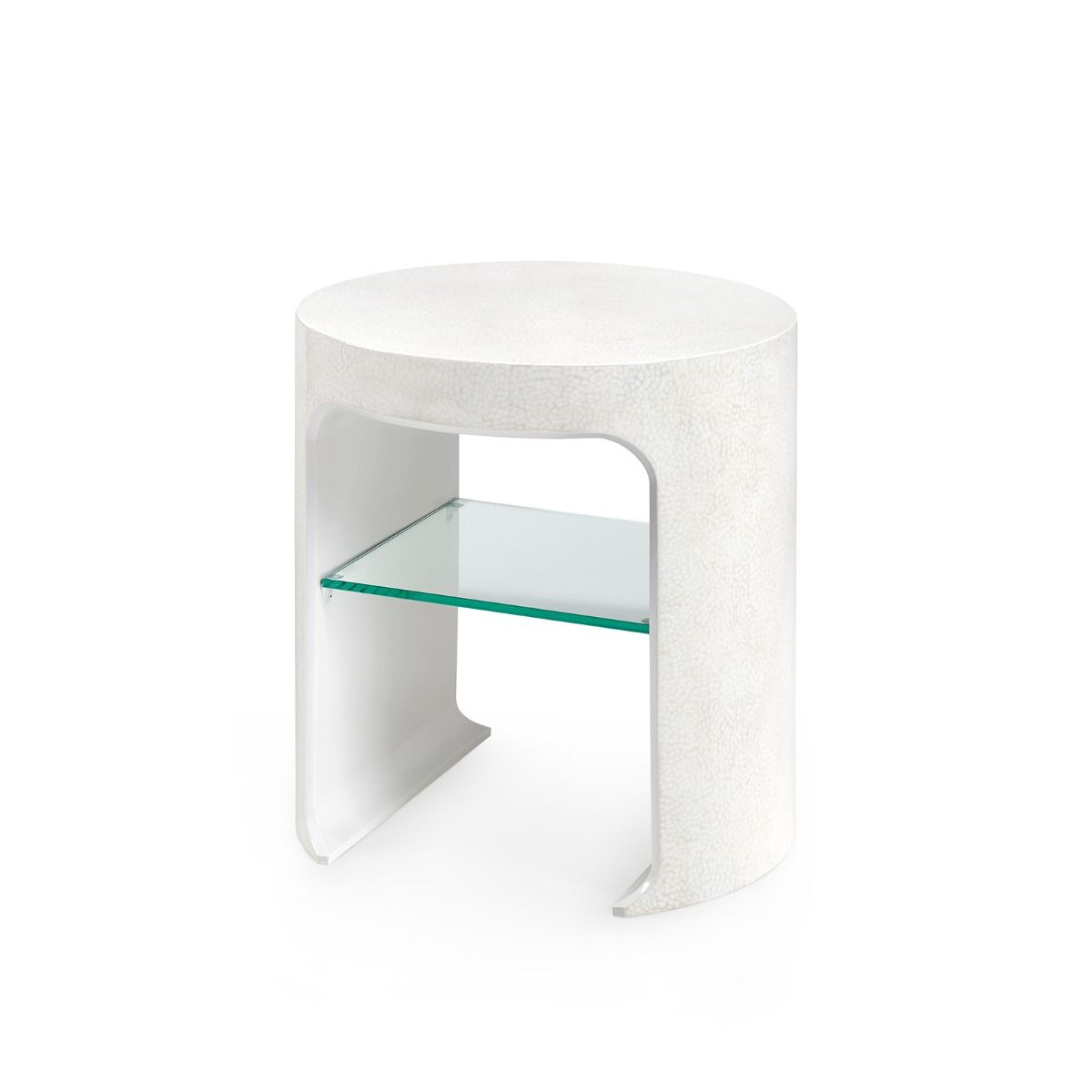 Elegant Carrel Side Table in White with eggshell lacquer finish and glass shelf, showcasing a unique chow leg design.