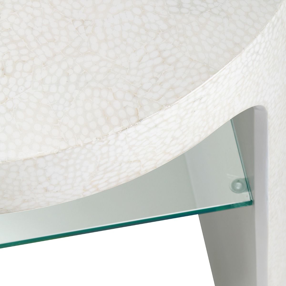 Elegant Carrel Side Table in White with eggshell lacquer finish and glass shelf, showcasing a unique chow leg design.