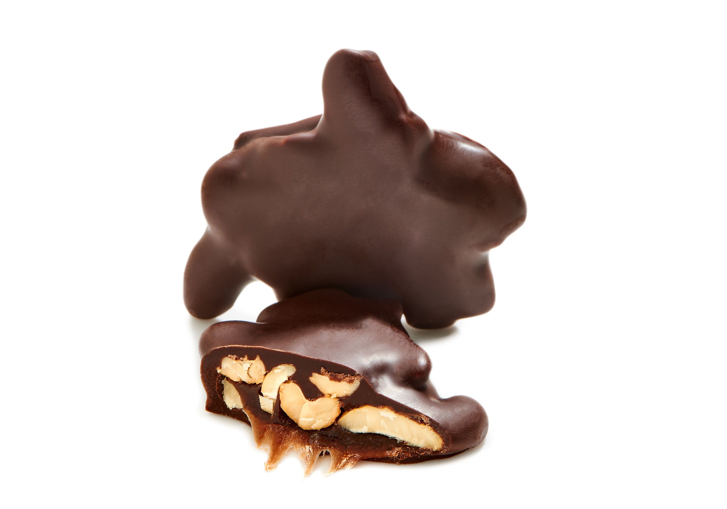 A close-up view of Cashew Clusters featuring crunchy cashews coated in rich chocolate, perfect for snacking.