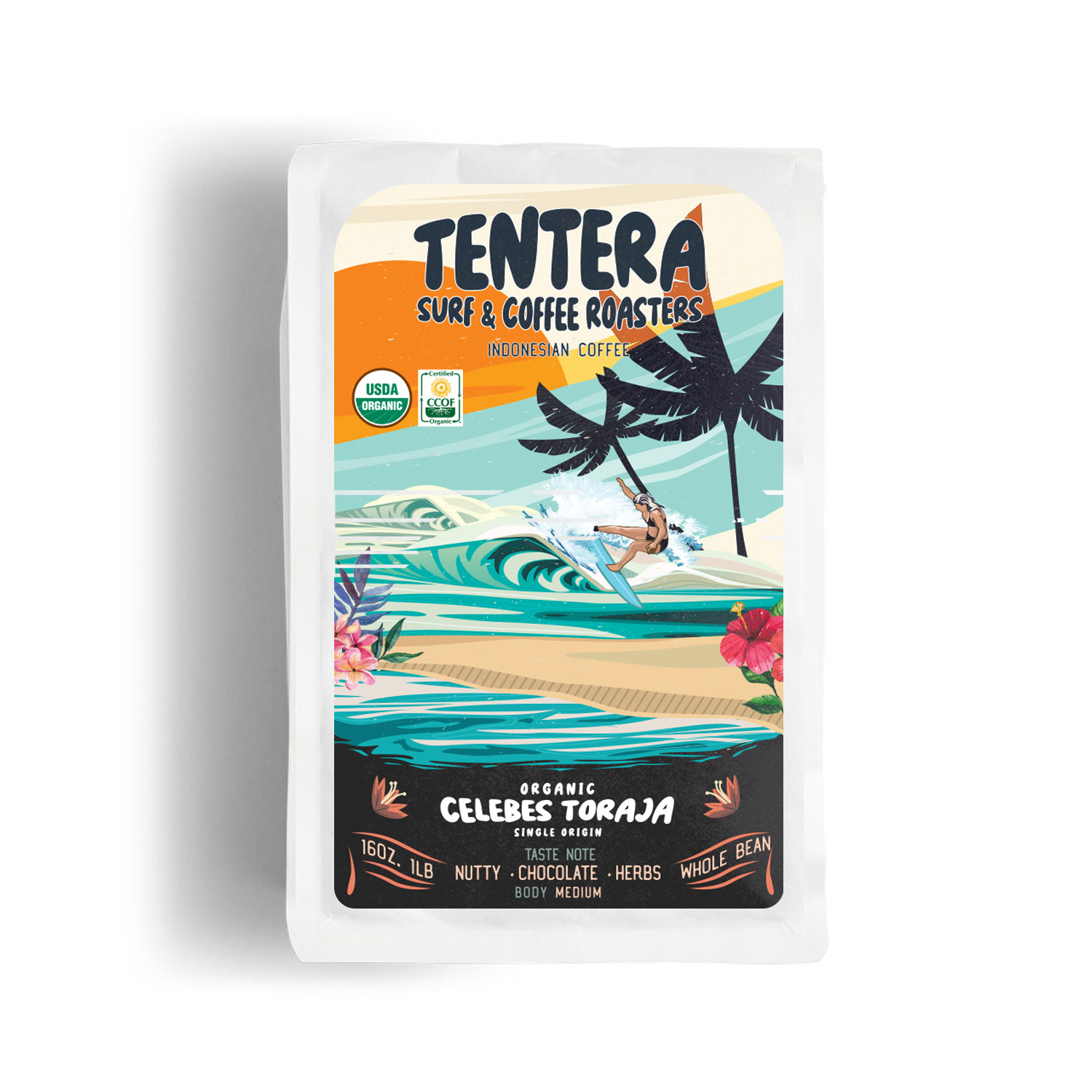 A bag of CELEBES Toraja coffee showcasing its medium-dark roast with nutty and chocolate flavor notes, sourced from Sulawesi, Indonesia.