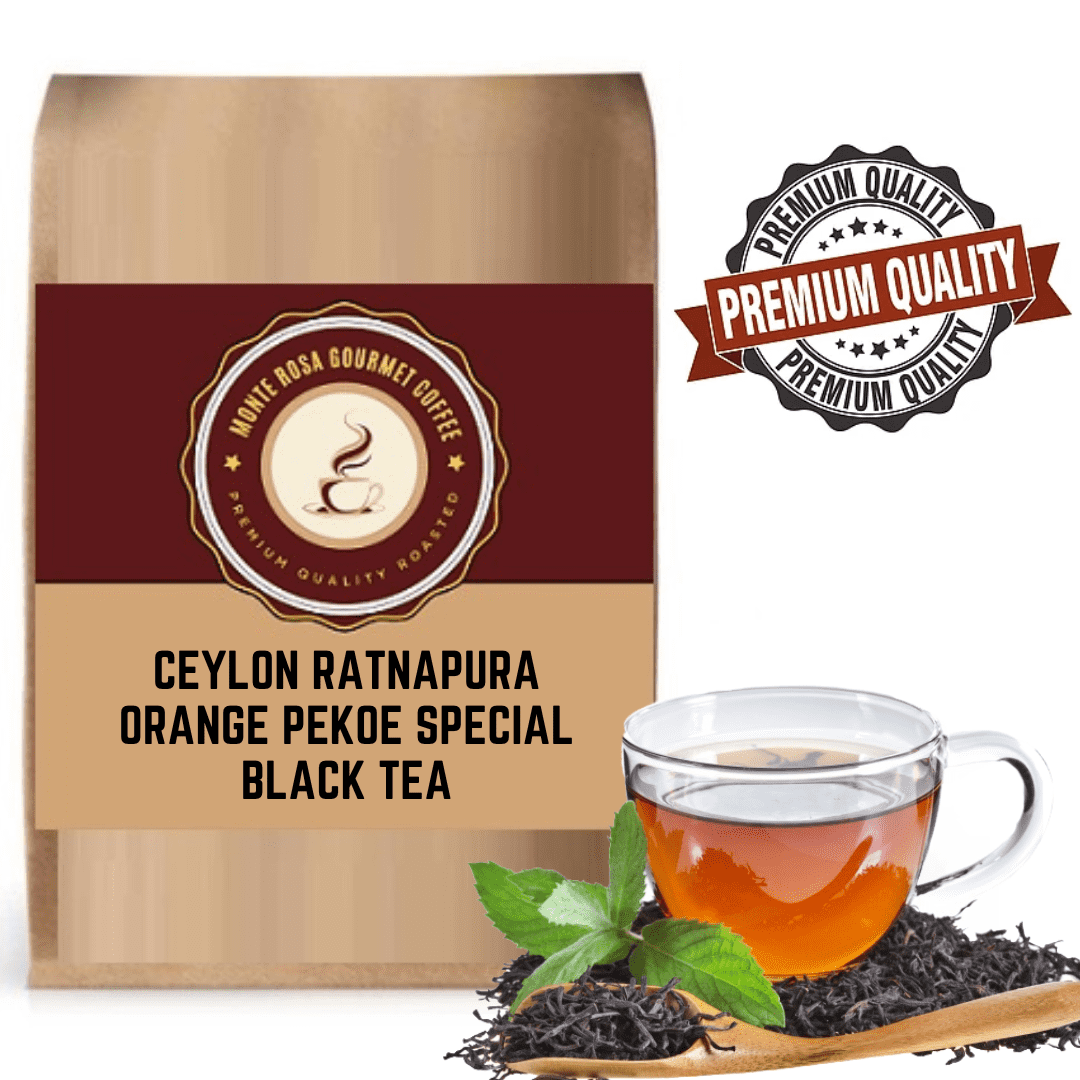 A vibrant cup of Ceylon Ratnapura Orange Pekoe Special Black Tea, showcasing its rich gold color and unique leaf style.