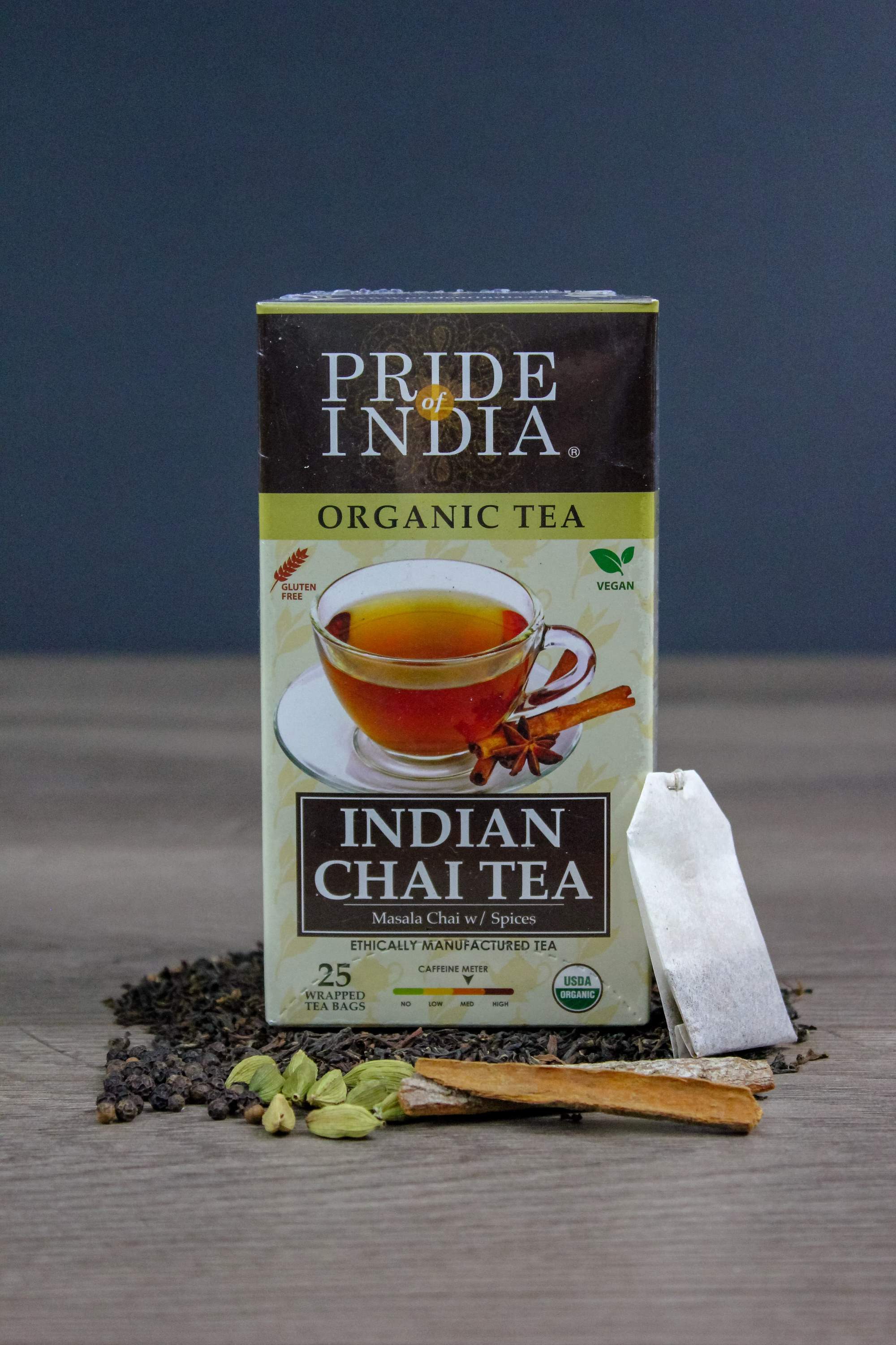 Chai Royale Exquisite Spiced Tea Bags featuring organic Assam black tea and Indian spices, beautifully packaged.