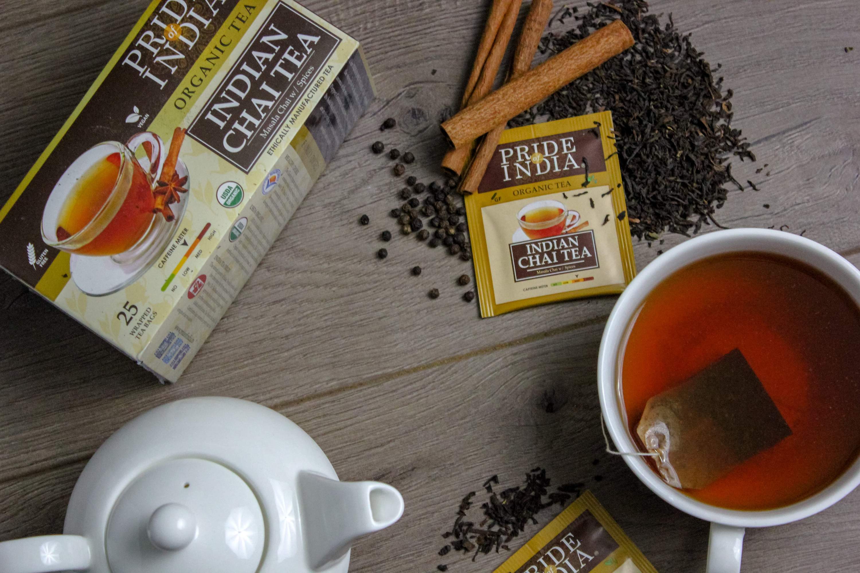 Chai Royale Exquisite Spiced Tea Bags featuring organic Assam black tea and Indian spices, beautifully packaged.