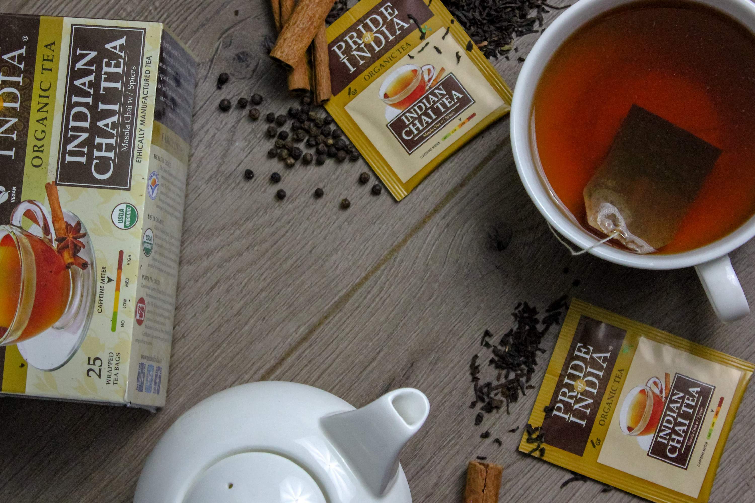 Chai Royale Exquisite Spiced Tea Bags featuring organic Assam black tea and Indian spices, beautifully packaged.