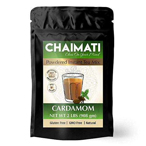 ChaiMati Cardamom Chai Latte powdered instant mix in a 2 lbs jar, showcasing its vibrant packaging and natural ingredients.