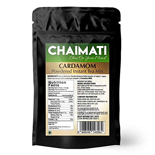 ChaiMati Cardamom Chai Latte powdered instant mix in a 2 lbs jar, showcasing its vibrant packaging and natural ingredients.