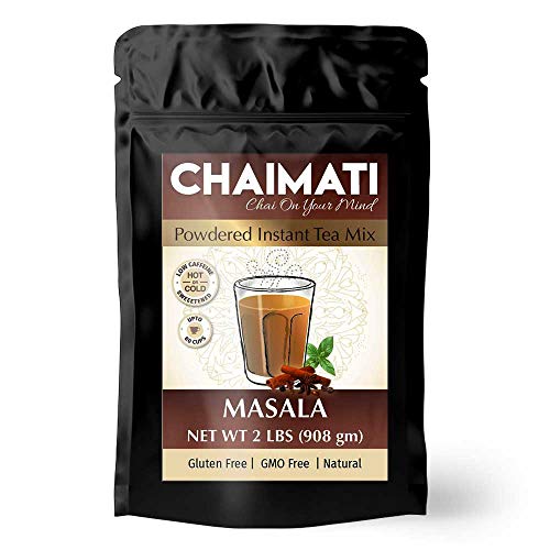 ChaiMati Masala Chai Latte powdered instant tea premix in a 2 lbs jar, showcasing its vibrant packaging and natural ingredients.